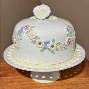 Cake Plate and Dome Lid Cover with Floral Garland